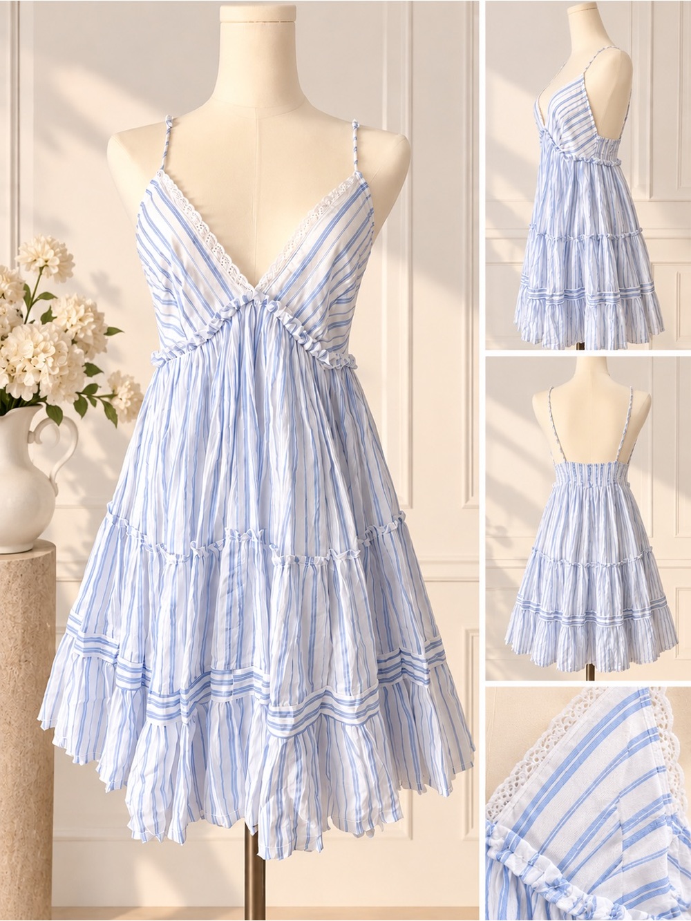Urban Outfitters Light Blue and White Striped Tiered Sundress